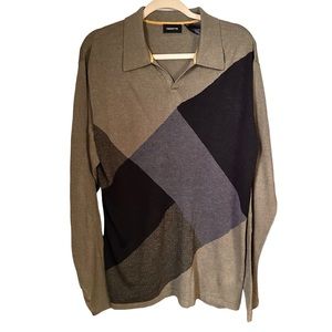 Claiborne Men’s Sz L Green Silk Blend Polo Long Sleeve Geometric Shirt Collared